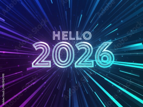 Vibrant Hello 2026 Fireworks Celebration Graphic Artwork with Neon Light Bursts.