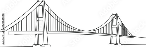 Modern Engineering Suspension Bridge Drawing. Minimalist Outline. Black and White Sketch of a Suspension Bridge. Architectural Suspension Bridge Linear Design