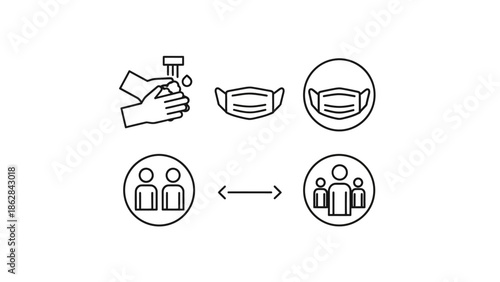 Coronavirus prevention and social distancing icons.