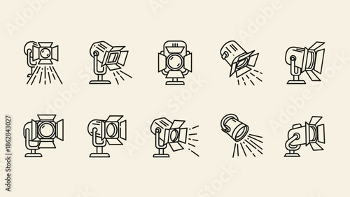 Collection of studio lighting equipment.