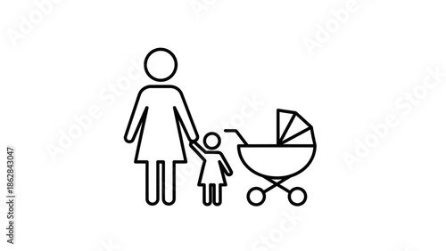 Family with baby stroller and child.