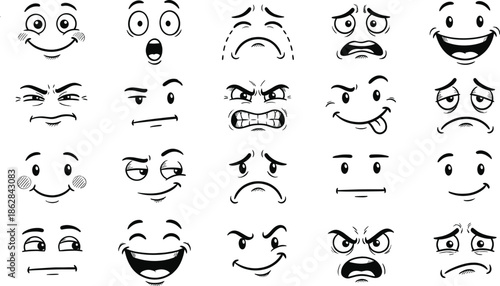Hand drawn cartoon facial expressions set, funny emoji faces collection, emotional comic reactions icons pack, CAD drawing flat vector illustration