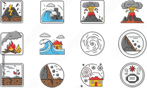 Set of vector icons and gas station illustrations featuring a cartoon design collection for travel, web, and food sign symbols