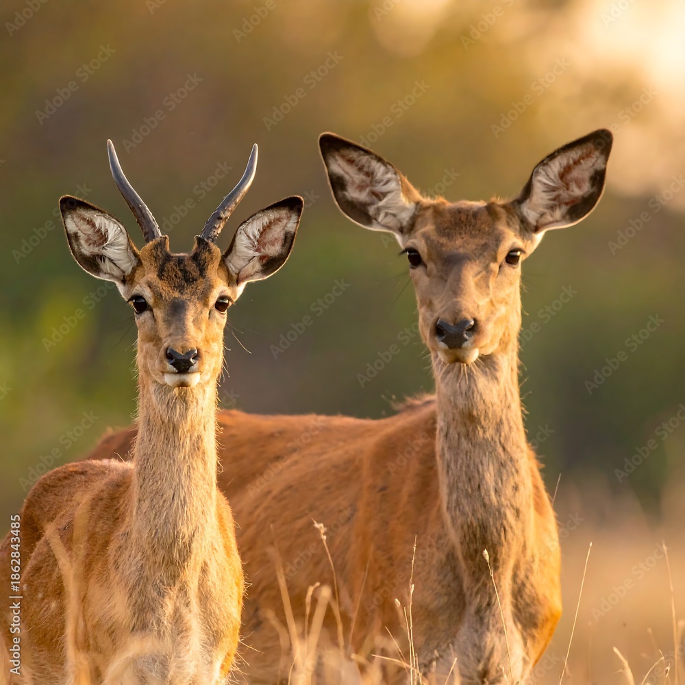 Fototapeta premium Two Alert Red Deer Standing in a Grassy Field.