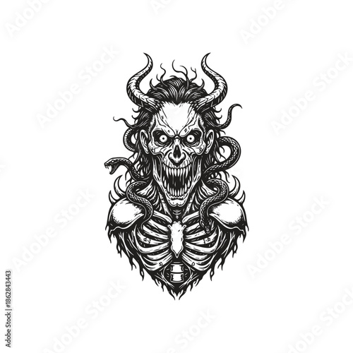 Dark aesthetic hand drawn engraving of a horned demon skeleton with snakes wrapped around its neck and body