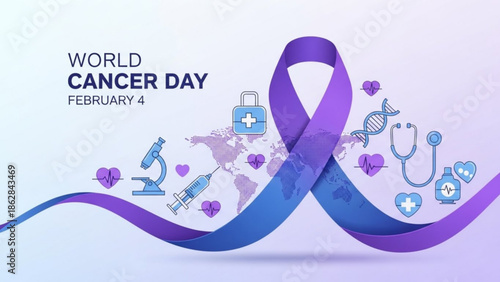 World cancer day awareness ribbon with medical symbols and purple hearts on a light background, february 4th global health campaign with cancer awareness