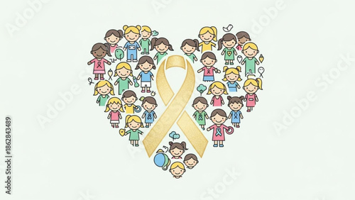 Diverse group of children forming a heart shape with a yellow awareness ribbon symbolizing support and solidarity with yellow ribbon and diversity