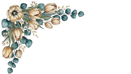 Hand painted watercolor floral corner border featuring tulips and eucalyptus in deep teal and beige isolated on white background.png