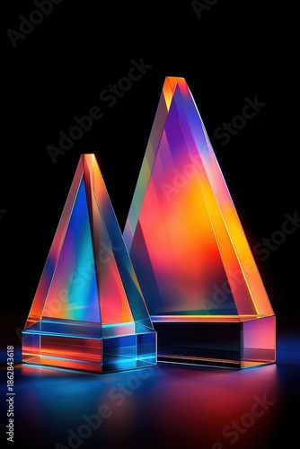 Two shiny iridescent glass pyramids in shape of isosceles triangle stacked on each other neon orange blue glow inside on black background