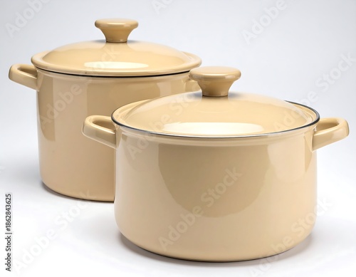 Two Beige Enamel Stockpots with Lids on White Background.