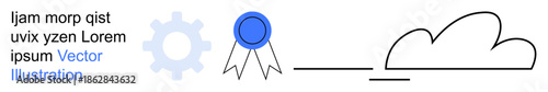 Technology, innovation, achievements, cloud computing, data storage, progress. A gear, award badge and cloud symbol. Technology and achievement concepts for modern digital and technical ideas