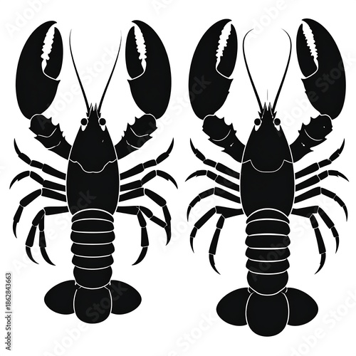 Two Black Lobster Silhouettes Facing Each Other on White Background.