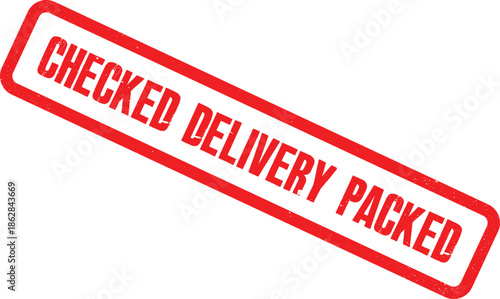 A red checked delivery packed stamp is shown on a white background
