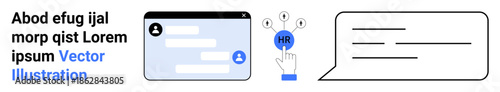 Human resources, digital communication, messaging, feedback, employee management, recruitment process. Messaging interface, hand pointing to HR symbol chat bubble. Human resources and digital