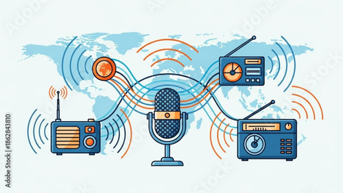Global communication technology concept with microphone and vintage radios transmitting signals worldwide with transmission and wireless and network