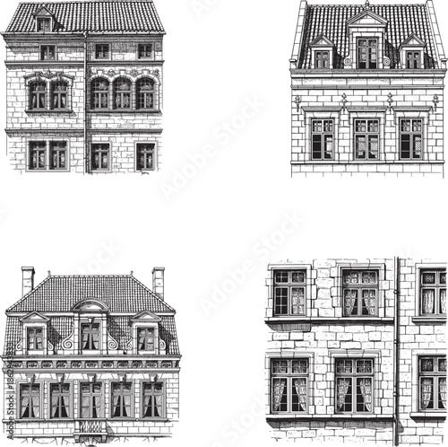 Architectural Facades: A collection of meticulously crafted building facades, showcasing a range of classical architectural styles. A monochrome depiction, highlighting detail. 
