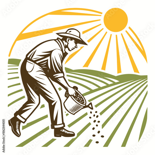 Farmer seeding field under bright sun white background