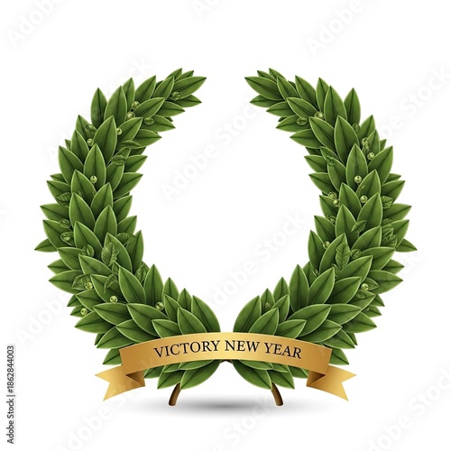 Elegant green laurel wreath with victory banner suitable for New Year celebrations and awards.