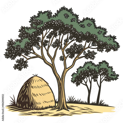 Haystack under trees on white background cartoon farm