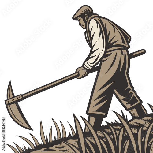 Man in brown overalls using scythe to cut grass farmer