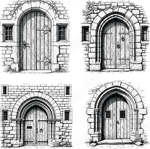 Ancient Archways: A collection of meticulously crafted sketches showcasing intricate stone archways and wooden doors, transporting viewers to a realm of timeless architecture and medieval charm. 