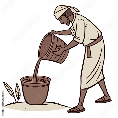 Man pouring palm sap into clay cup white background