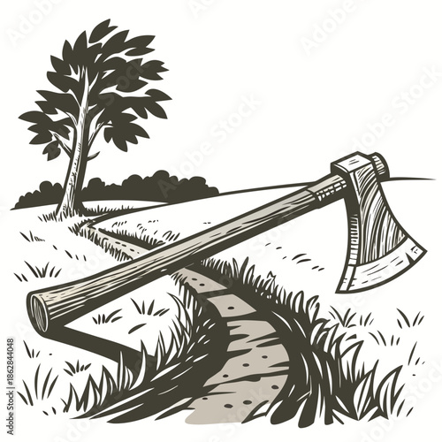 Vintage axe on ground beside field white background
