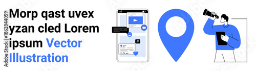 Digital marketing, media communication, geolocation, navigation, social networking, online exploration. Mobile phone with apps, digital map pin observing person with binoculars. Digital marketing