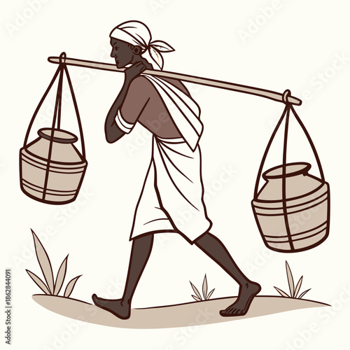 Man carrying clay pots on shoulder worker laborer villager