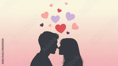 Silhouette of romantic couple kissing with hearts floating above on pink background, love and relationship concept with romance and valentines day