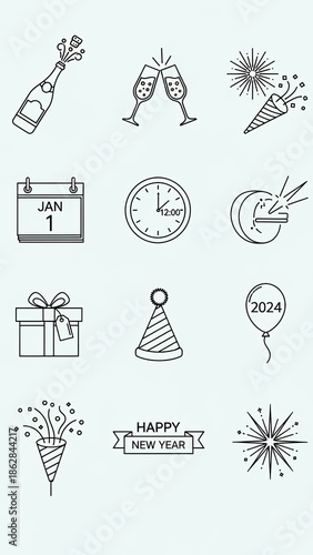Set of hand-drawn New Year celebration icons and festive doodles.