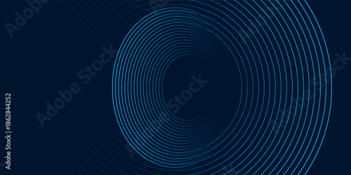 Blue abstract background with glowing circles. Swirl circular lines pattern. Geometric spiral. Twirl element. Modern graphic design. Futuristic technology concept.