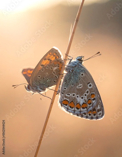 Two Butterflies Resting on a Stem in Golden Light.