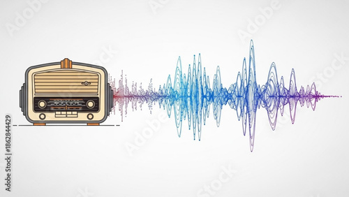 Vintage radio with colorful sound wave on white background, symbolizing music, communication and technology with audio and electronics and retro