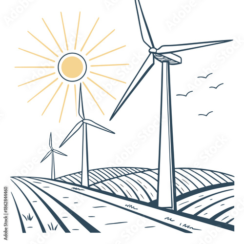 Birdseye view of wind turbines in field with sunlight and birds