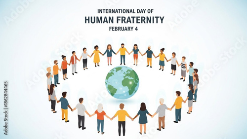 Diverse group of people holding hands around the earth on international day of human fraternity, symbolizing unity and global togetherness on february 4