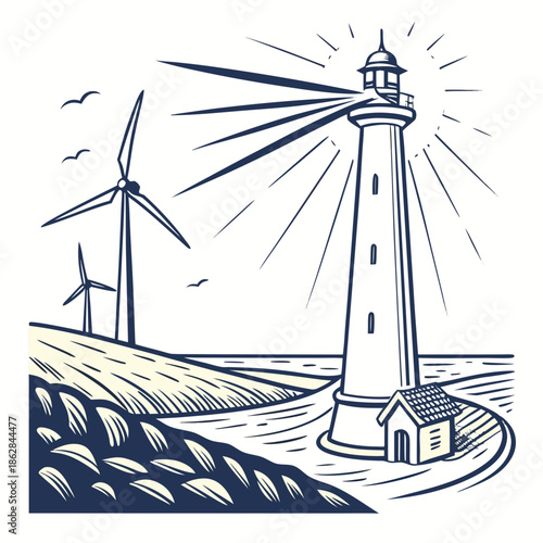 Lighthouse with wind turbines on a hill by the sea