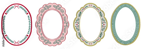 Tableau sur toile Watercolor decorative Oval scalloped Floral Frame Set Cottagecore Style