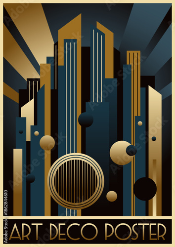Art Deco Posters Style Illustration. Futuristic City, Skyscrapers, Spotlights, Geometric Shapes. Vector Template for Art Deco Placards, Covers, Illustrations