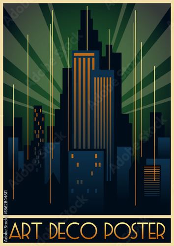 Art Deco Posters Style Illustration. Futuristic City, Skyscrapers, Spotlights, Geometric Shapes. Vector Template for Art Deco Placards, Covers, Illustrations
