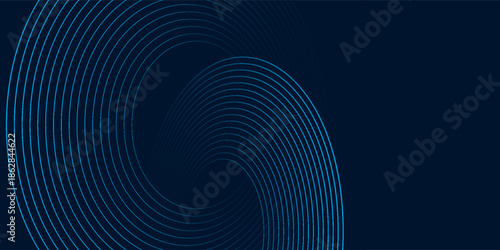 Blue abstract background with glowing circles. Swirl circular lines pattern. Geometric spiral. Twirl element. Modern graphic design. Futuristic technology concept.