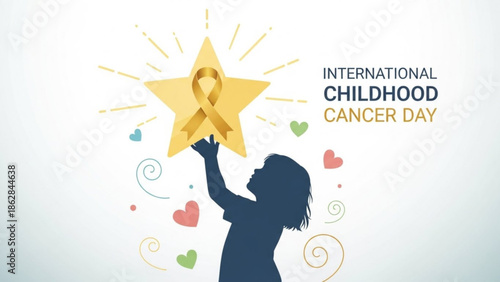 International childhood cancer day awareness illustration with a child silhouette reaching for a golden star and ribbon surrounded by colorful hearts and swirls