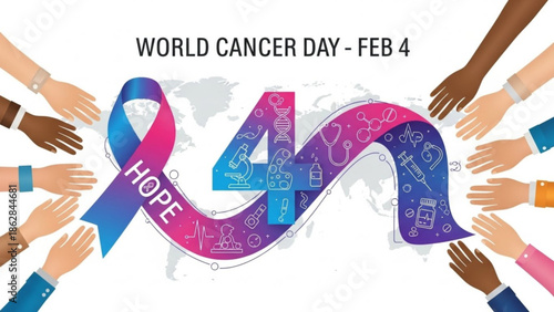 World cancer day awareness illustration with diverse hands, ribbon and number 4 on a global map background, symbolizing hope and unity in the fight against cancer