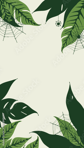 Vertical illustration of vibrant green tropical leaves with intricate spider webs on a soft background, creating a captivating natural frame