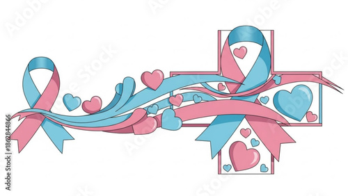 Pink and blue ribbons with hearts on a cross symbolizing love and support with compassion and charity and hope and solidarity and awareness and illustration