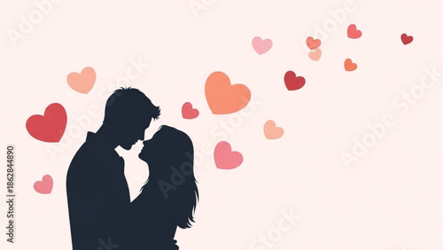 Silhouette of a couple kissing surrounded by floating hearts on a soft pink background for valentine's day or romantic love concepts with valentine s day