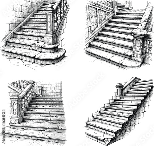 A black and white stairway inside an old building leading upward toward light and the sky