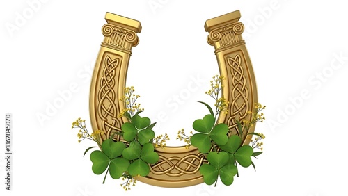 Golden horseshoe decorated with green shamrocks and yellow flowers isolated on white background for st patricks day st patricks day