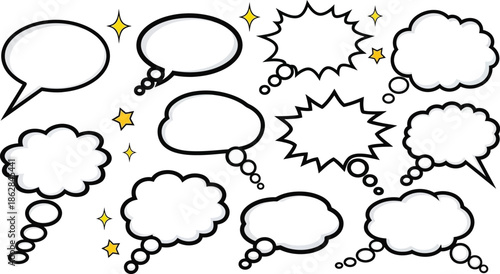 A comprehensive set of comic speech bubbles and cartoon cloud balloons featuring vector illustrations for chat, thought communication, and dialog box design symbols