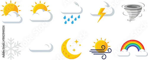 Vector set of fire icons and weather symbols featuring sun, clouds, and rain for nature climate design and meteorology forecast illustration